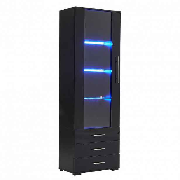 OKWISH VITRÍNA 60/35/180 cm černá z MDF s LED osvětlením a třemi zásuvkami