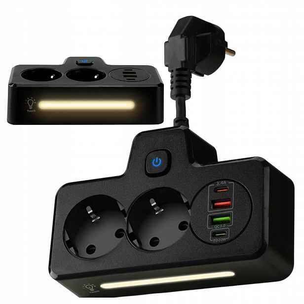 Rozbočka Alogy Plug Extender 2xEU 2xUSB 2xUSB-C Černý