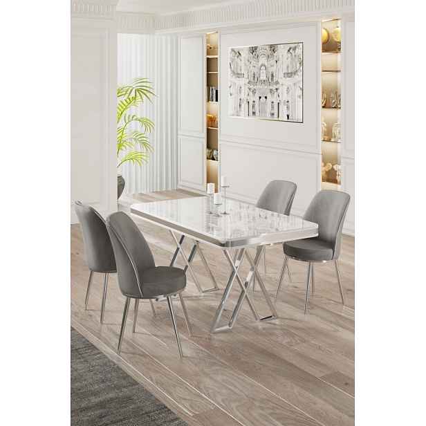 Dining Table & Chairs Set (5 Pieces) Vals - White, Chrome, Grey