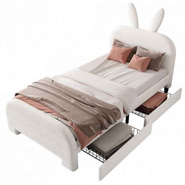 OKWISH DĚTSKÁ postel 90/200 cm bílá z plyše a MDF se 2 zásuvkami a králičím čelem