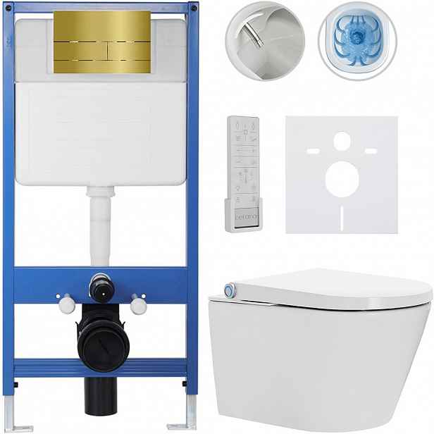 Kompletní WC set Profi/Cronus Premium - bílá lesklá - WC tlačítko Line/Zlatá - předstěnová instalace - 59,3x38,4 cm