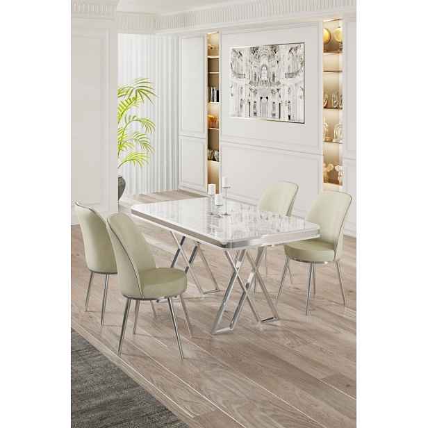 Dining Table & Chairs Set (5 Pieces) Vals - White, Chrome, Cream