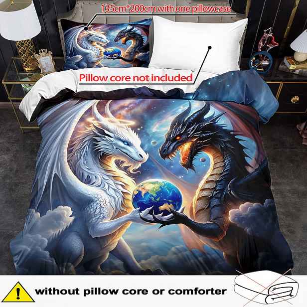 TEMU Sada povlečení na přikrývku 2/3 ks, s potiskem fantasy zvířat, draků a Země, povlečení ve stylu King Queen, polyester, lze prát v pračce,