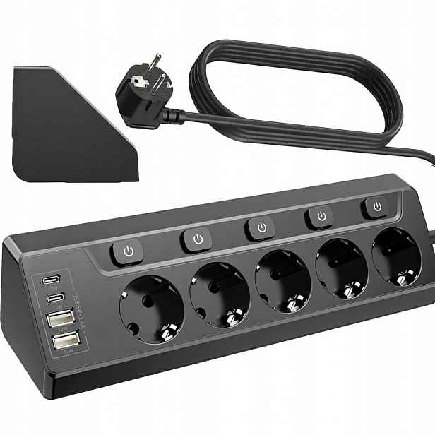 Prodlužovací Kabel Zásuvková Lišta Vypínač 4x Usb 5 Zásuvek 2 m Uzemnění Černý