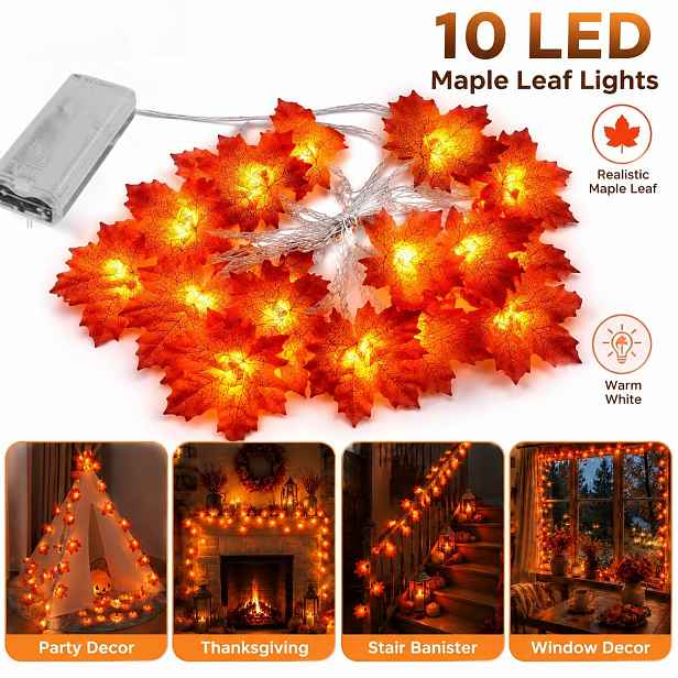 TEMU 200.0Cm/10 LED světelný řetěz pro vnitřní dekoraci - LED javorové světlo, teplá atmosféra, teplé oranžové podzimní dekorativní světla, vhodné do