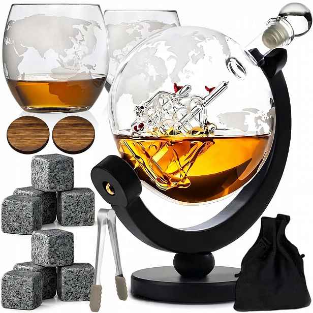 Karafa Whisky Sada 900 ML S 8 Kamínky, 2 Skleničky Na Víno A 2 Podstavce