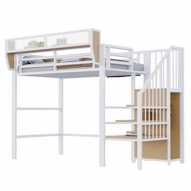 OKWISH PATROVÁ postel 90/200 cm bílá, kovová, s bezpečnostním žebříkem a nastavitelným úložným prostorem