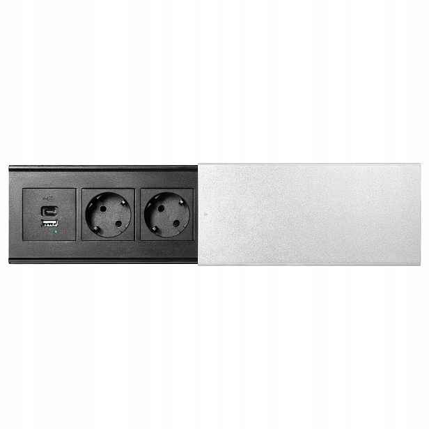 Stříbrná nábytková zásuvka Schuko s posuvným víkem a Usb Orno