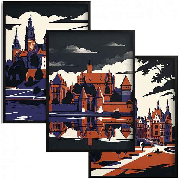 Moderní plakát Zámky Polské – Triptych 3ks Retro obraz na zeď