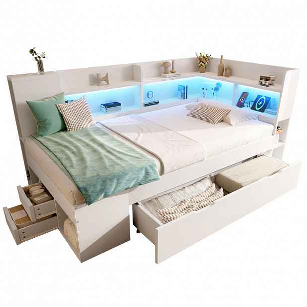 OKWISH DENNÍ postel 90 x 200 cm bílá z MDF, dřevotřísky a překližky s LED osvětlením, USB a úložným prostorem