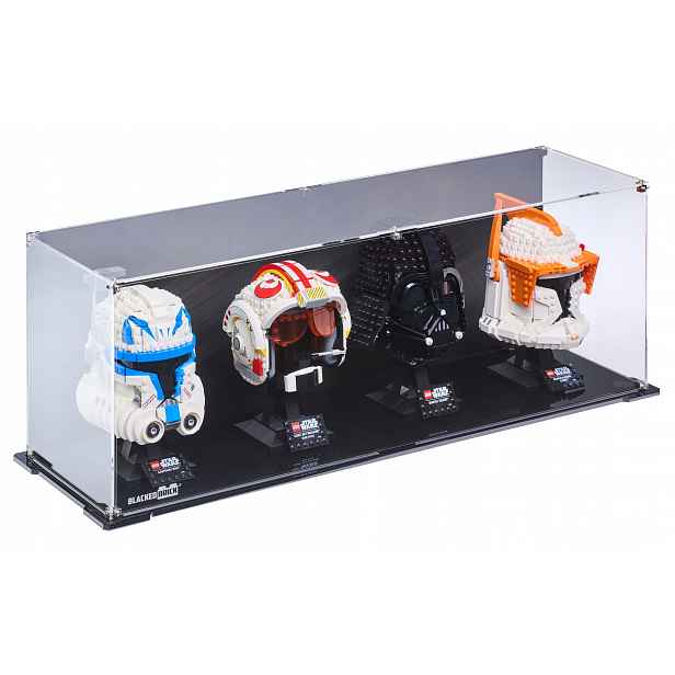 1. pozadí vitríny Blacked Brick pro 4x Lego Helmu Star Wars Marvel SuperHeroes DC