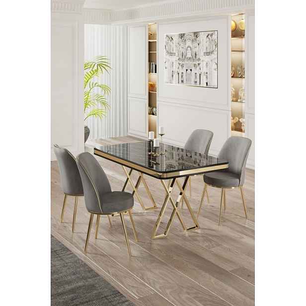 Dining Table & Chairs Set (5 Pieces) Vals - Black Marble, Gold, Grey