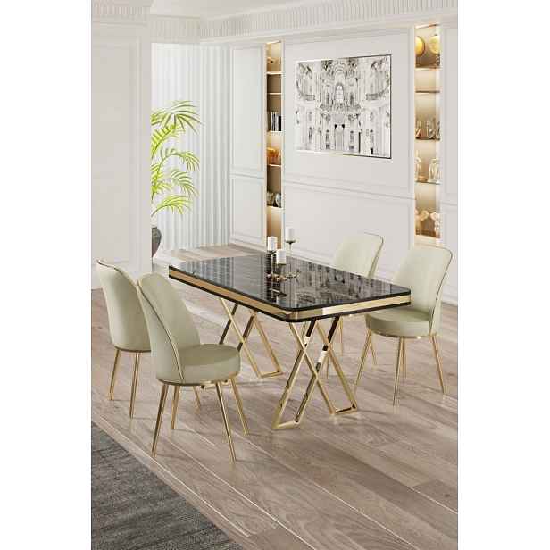 Dining Table & Chairs Set (5 Pieces) Vals - Black Marble, Gold, Cream