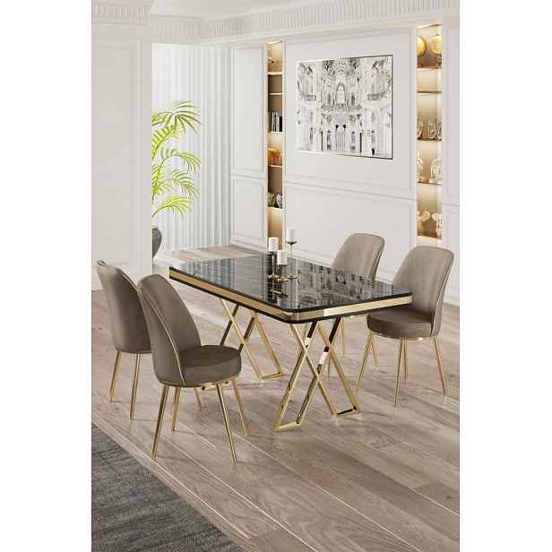 Dining Table & Chairs Set (5 Pieces) Vals - Black Marble, Gold, Cappuccino