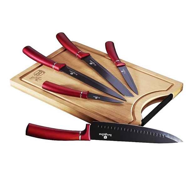 BERLINGERHAUS Sada nožů s nepřilnavým povrchem + prkénko 6 ks Burgundy Line BH-2552