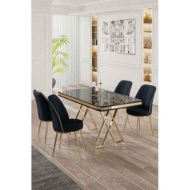 Dining Table & Chairs Set (5 Pieces) Vals - Black Marble, Gold, Anthracite