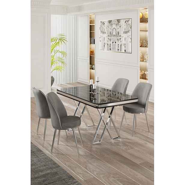 Dining Table & Chairs Set (5 Pieces) Vals - Black Marble, Chrome, Grey