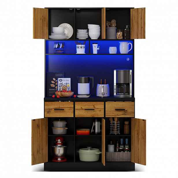 OKWISH KUCHYŇSKÁ skříň 100/40/180 cm černá a přírodní z PB a MDF s LED osvětlením a zásuvkami