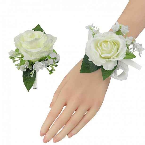 TEMU 2ks/Sada Elegantní Bílý Růže Zápěstní Korsáž a Sada Kytice, Umělá Růže Baby's Breath, Perfektní pro Ženíhodu Svatební Dekorace, Květina na