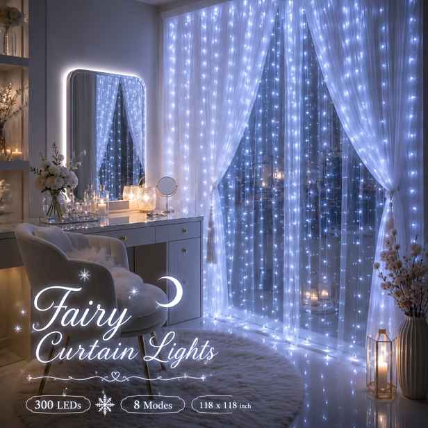 TEMU 300/200 LED bílé pohádkové závěsové řetězové světla, napájené bateriovou krabičkou, s 8 světelnými režimy, snová ledově křišťálová romantická
