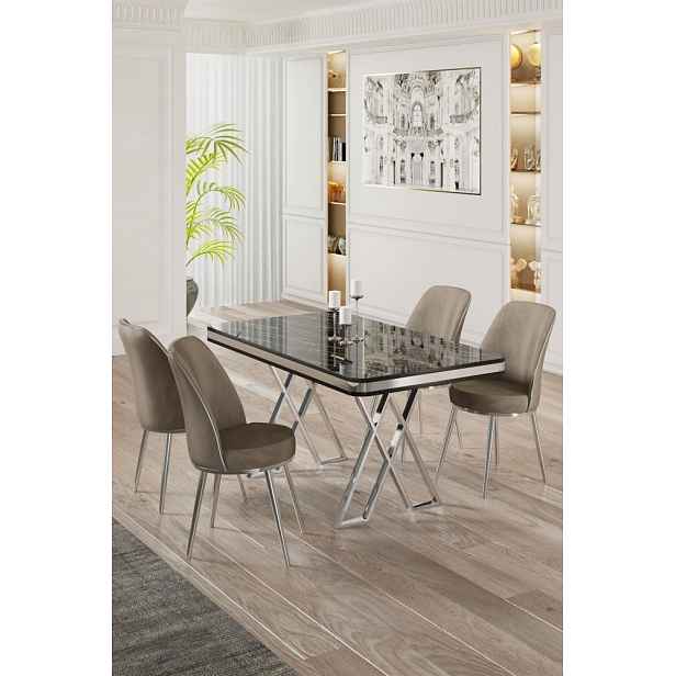 Dining Table & Chairs Set (5 Pieces) Vals - Black Marble, Chrome, Cappuccino