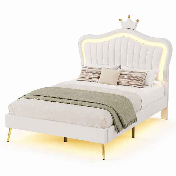 CHICFURN DĚTSKÁ ČALOUNĚNÁ POSTEL 90/200 cm v bílé barvě s LED osvětlením