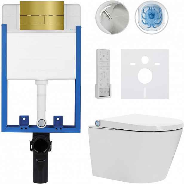 Kompletní WC set Profi/Cronus Premium - bílá lesklá - WC tlačítko Line/Zlatá - pro zazdění - 59,3x38,4 cm