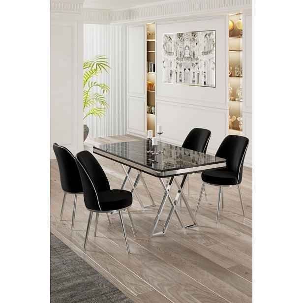 Dining Table & Chairs Set (5 Pieces) Vals - Black Marble, Chrome, Black