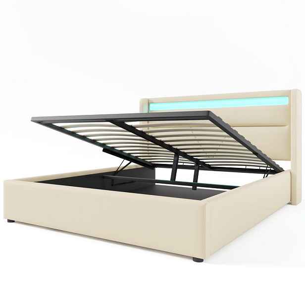 WISHDOR ČALOUNĚNÁ POSTEL 160/200 cm v bílé barvě s úložným prostorem a LED