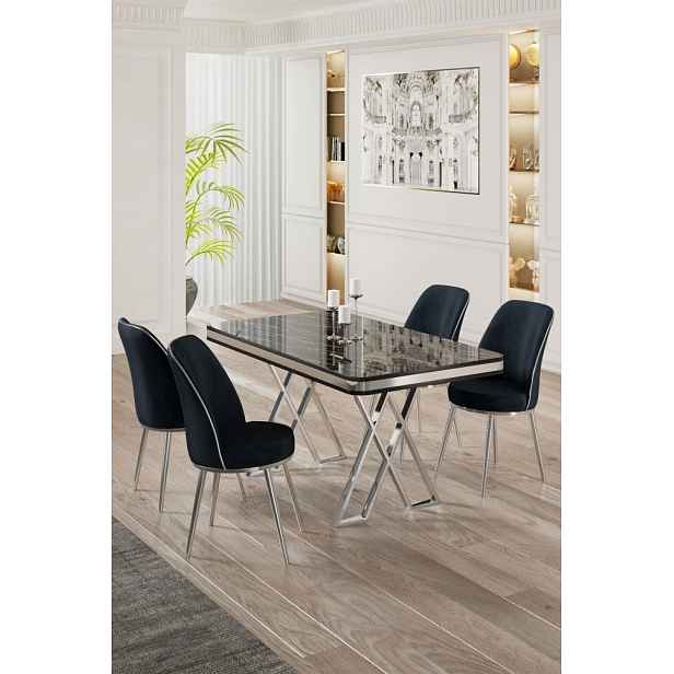 Dining Table & Chairs Set (5 Pieces) Vals - Black Marble, Chrome, Anthracite