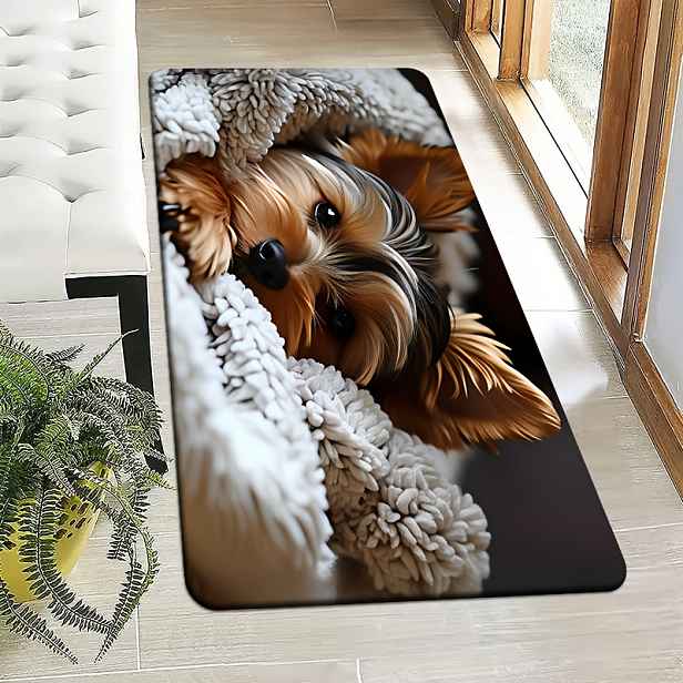 TEMU Vtipná rohožka s Yorkie, který se zabalil do deky, z přibližně 1 cm silného flanelu a houbového materiálu, měkká a jemná, jemné oči, měkké