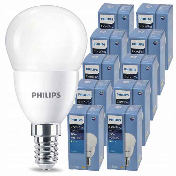 10x Led žárovka Philips E14 7W – Teplá Barva 2700K CorePro 230V Jasná