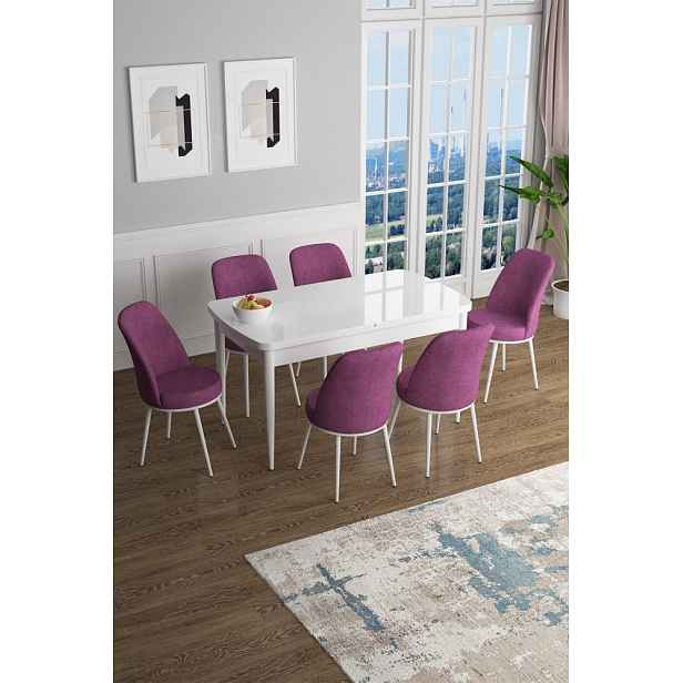 Extendable Dining Table & Chairs Set (7 Pieces) Han - White, Purple