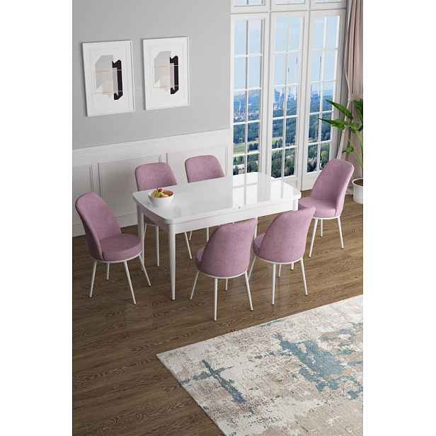 Extendable Dining Table & Chairs Set (7 Pieces) Han - White, Pink