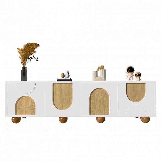 OKWISH TV stolek 175/38/50 cm bílý/přírodní z MDF a PB se 4 dvířky