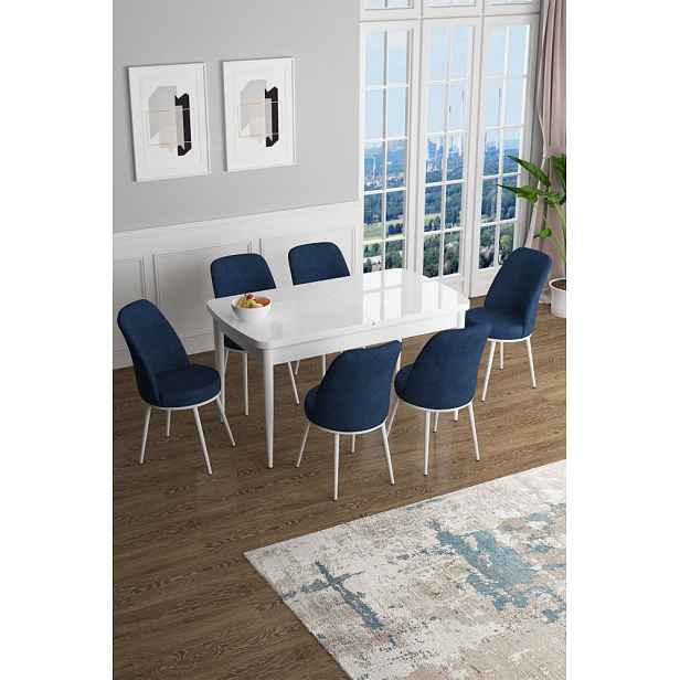 Extendable Dining Table & Chairs Set (7 Pieces) Han - White, Navy Blue