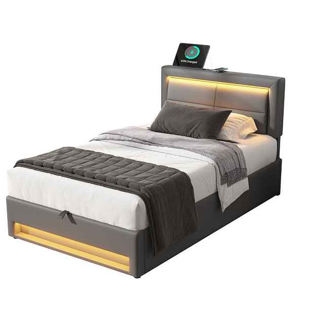 Redom ČALOUNĚNÁ postel 90/200 cm s LED osvětlením, USB nabíjením a úložným prostorem, šedá