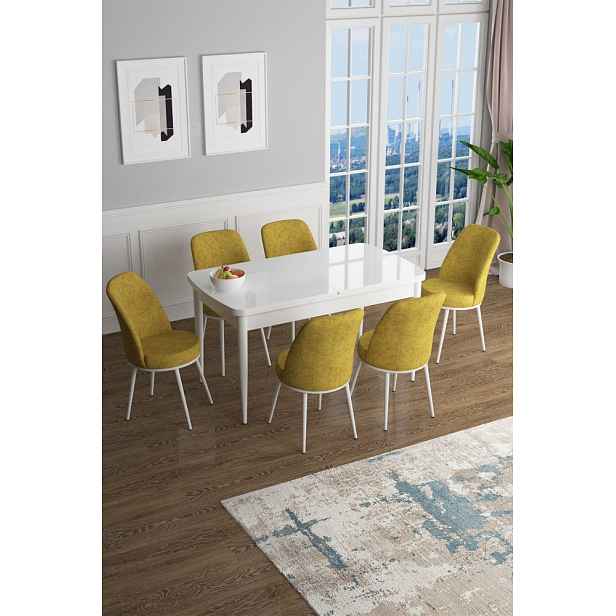 Extendable Dining Table & Chairs Set (7 Pieces) Han - White, Mustard