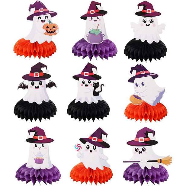 TEMU 9ks Halloweenský voštinový středový dekor, Halloweenský středový dekor na jídelní stůl, Zábavná strašidelná voštinová dekorace na stůl pro