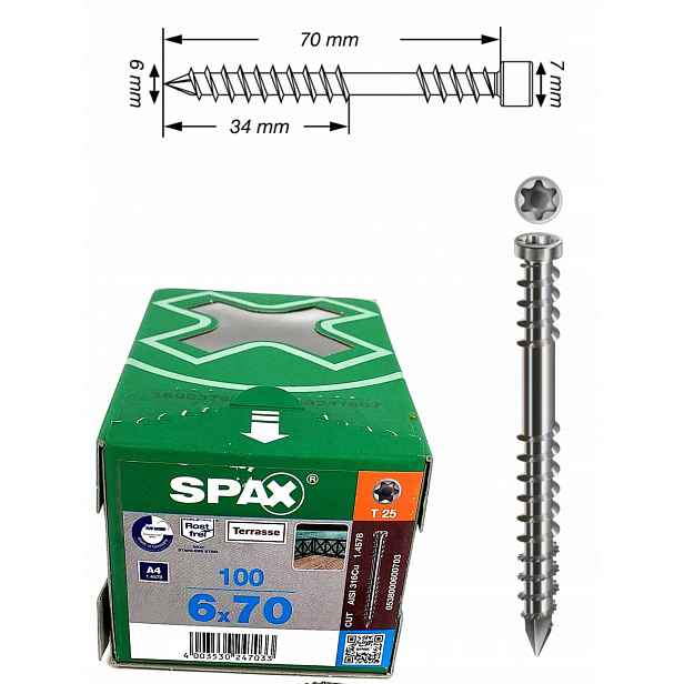 Vruty do terasy z nerezové ocel A4 Spax 6 x 70 mm 100 ks
