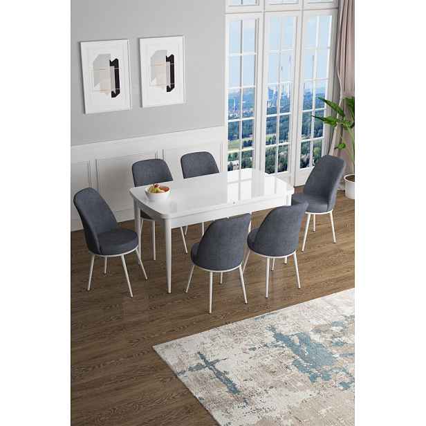 Extendable Dining Table & Chairs Set (7 Pieces) Han - White, Fume