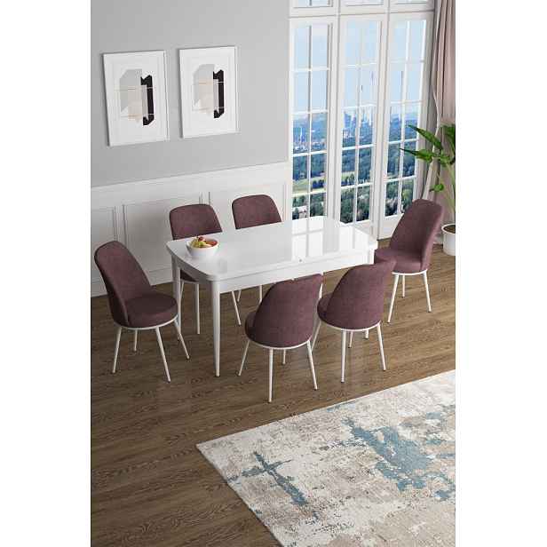 Extendable Dining Table & Chairs Set (7 Pieces) Han - White, Dusty Rose