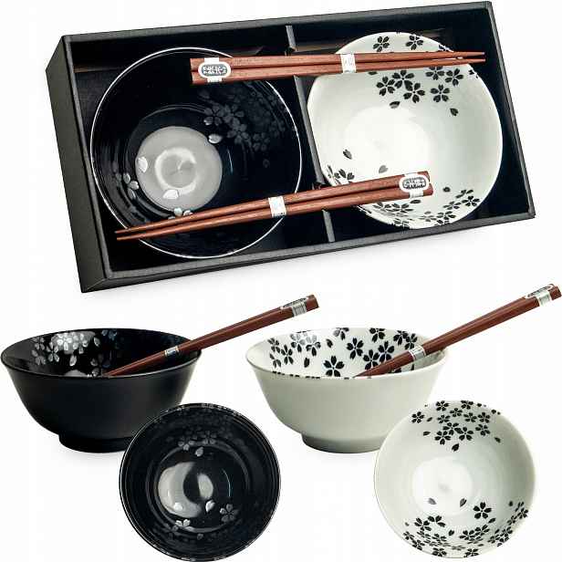 Sada bílo-černých orientálních misek 15 cm s hůlkami, vzor květiny Edo