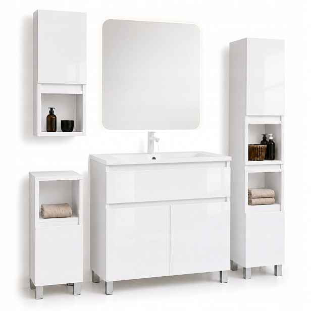 Sada koupelnového nábytku s umyvadlem Ariza 80 cm 4 skříňky Police Bílý lesk