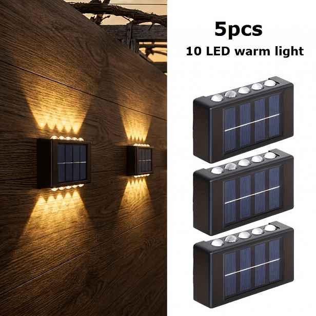 TEMU 5 balení, 10 LED solárních světel s horním a dolním světlem, nástěnná světla, venkovní osvětlení, venkovní nástěnná dekorativní světla, LED