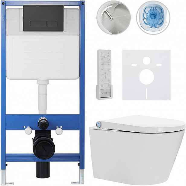 Kompletní WC set Profi/Cronus Premium - bílá lesklá - WC tlačítko Slim/Černá matná - předstěnová instalace - 59,3x38,4 cm