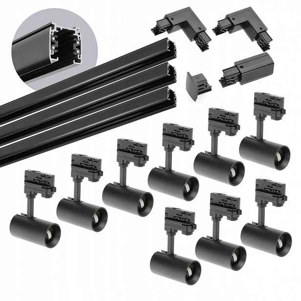 3-fázový kolejnicový set 9x lampa GU10 3x kolejnice 1 m 2x spojka L Černá