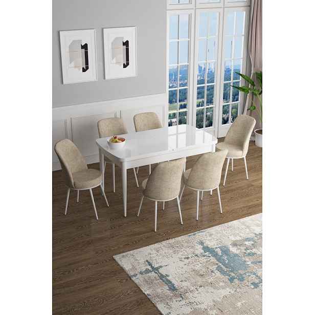 Extendable Dining Table & Chairs Set (7 Pieces) Han - White, Cream