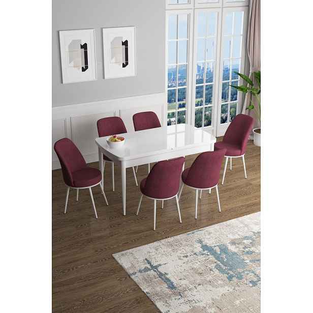 Extendable Dining Table & Chairs Set (7 Pieces) Han - White, Burgundy