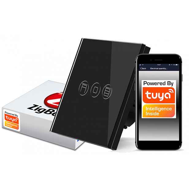 Skleněný dotykový spínač Rolet Tuya Zigbee Černý